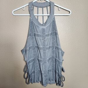 POL Womens Acid Wash Gray Ribbed Strappy Open-Sided High Neck Tank |M|